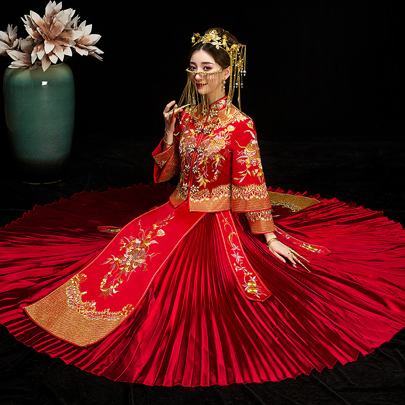 逸芬梦纺旗舰店秀禾服新娘新款夏龙凤褂结婚中式婚纱礼服凤冠霞帔古装敬酒服1