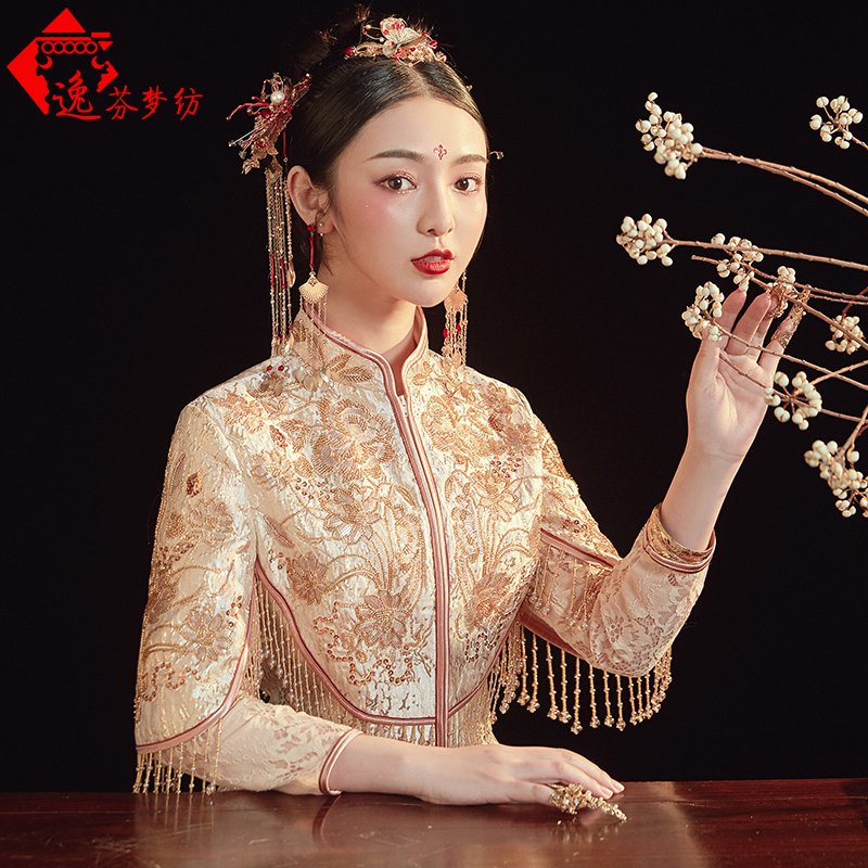 逸芬梦纺旗舰店秀禾服新娘新款金色凤冠霞帔中式结婚旗袍敬酒服婚纱礼服嫁衣1