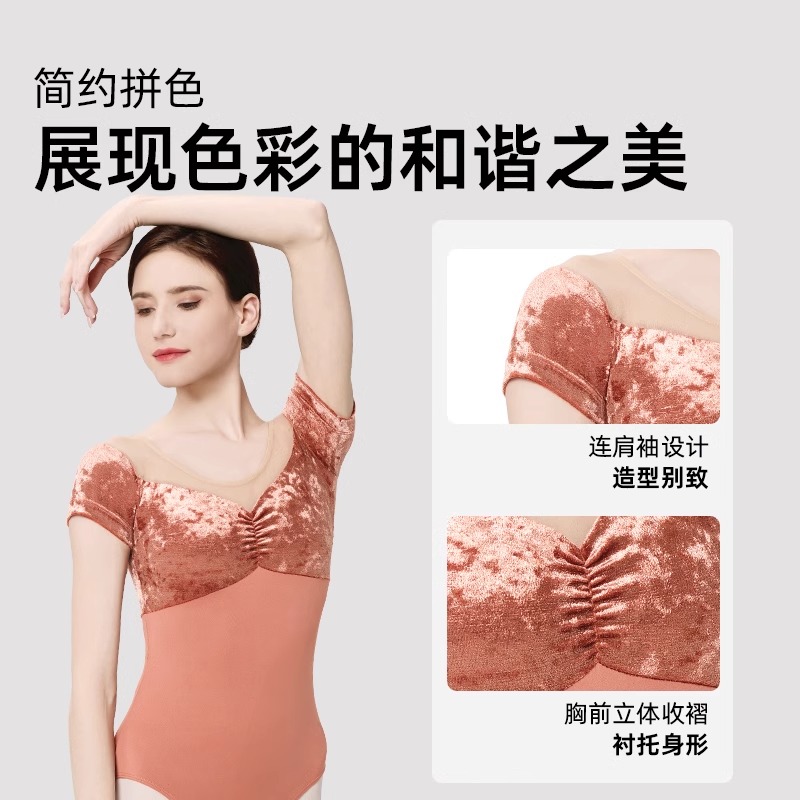 丹诗戈冰花绒拼接短袖芭蕾舞舞蹈服形艺考体服成人瑜伽服练功服女 - 图1