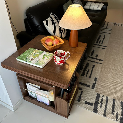 中古风可移动实木茶桌小户型客厅收纳不占地多功能餐桌茶几两用款 - 图0