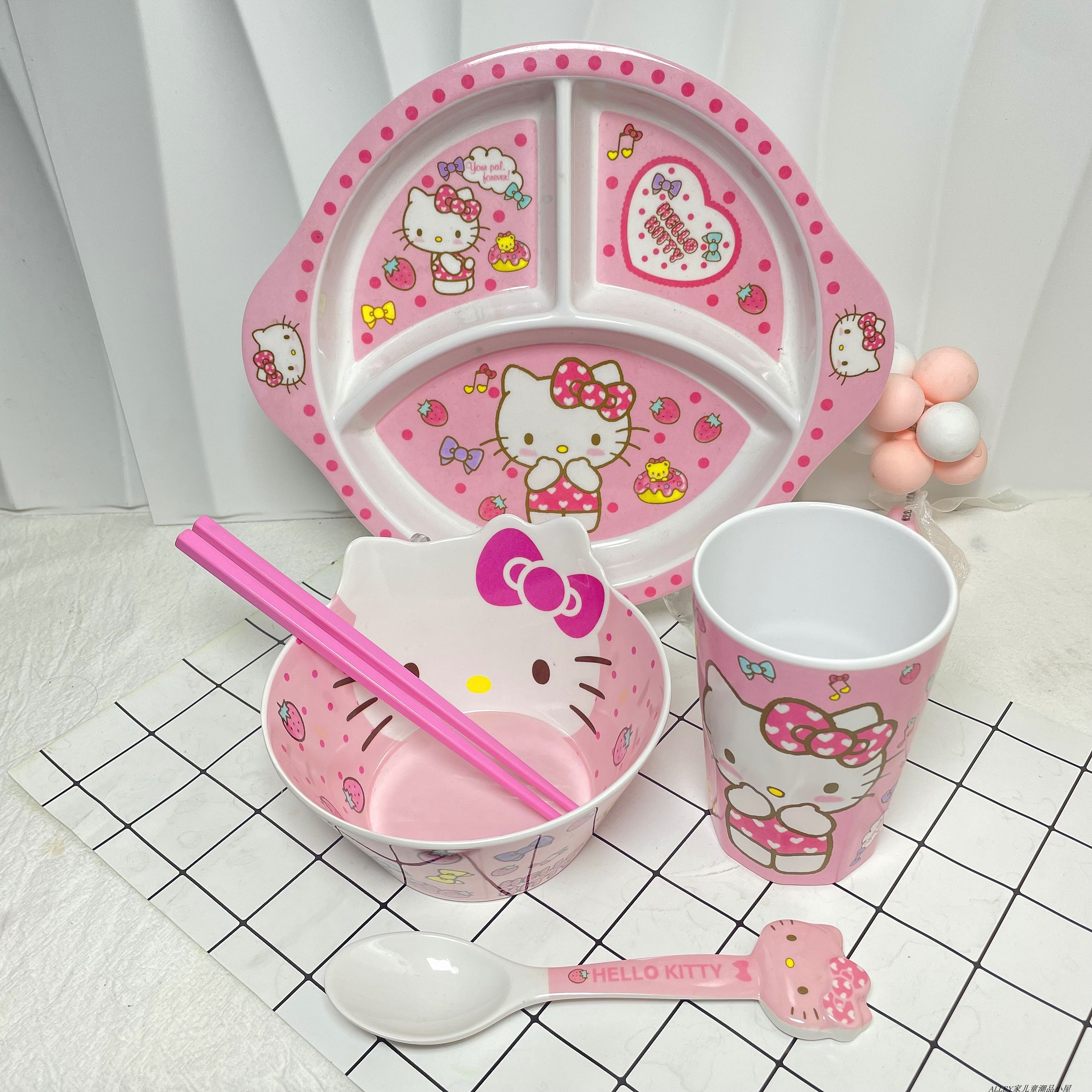 卡通凯蒂猫儿童餐具套装女孩家用分格餐盘水果盘泡面碗辅食碗水杯 - 图2