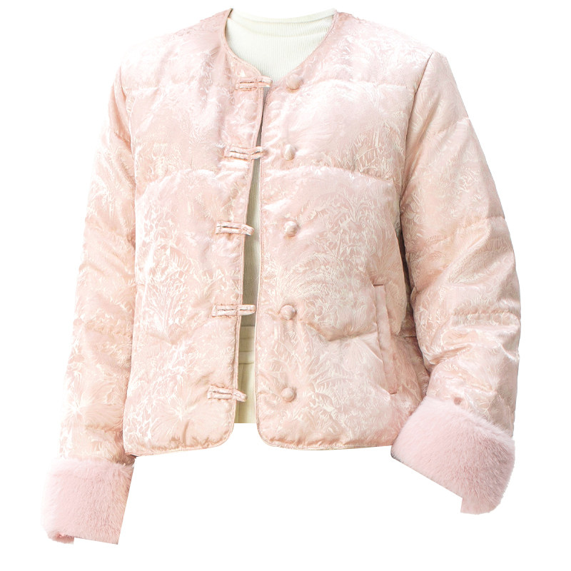 新中式粉色短款羽绒服女2025年冬季新款盘扣毛毛袖口提花保暖外套,淘宝优惠券,粉丝福利购,淘宝优惠卷