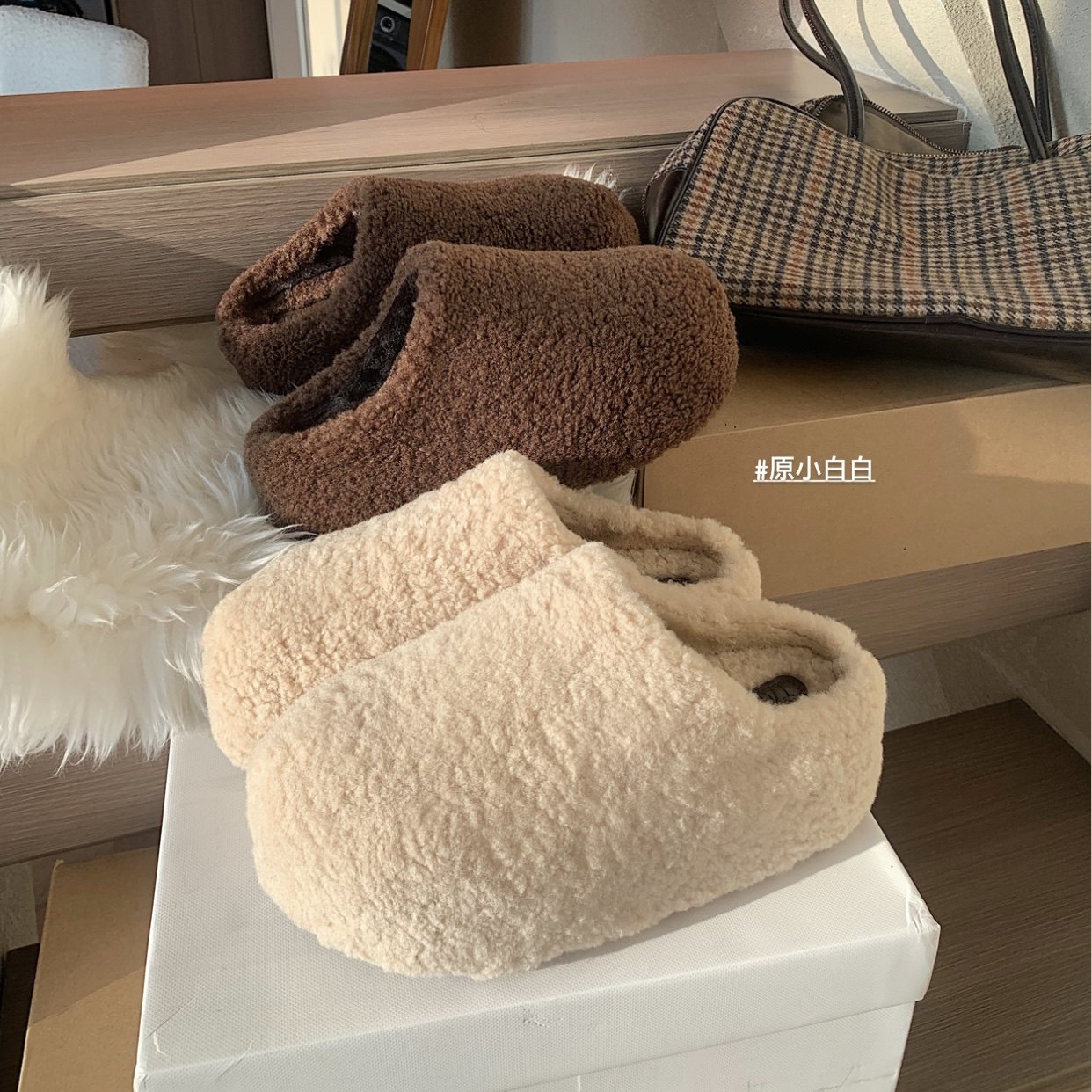 原小白白羊羔毛小暖包加绒6cm厚底毛毛拖鞋女半包雪地棉鞋冬季,淘宝优惠券,粉丝福利购,淘宝优惠卷