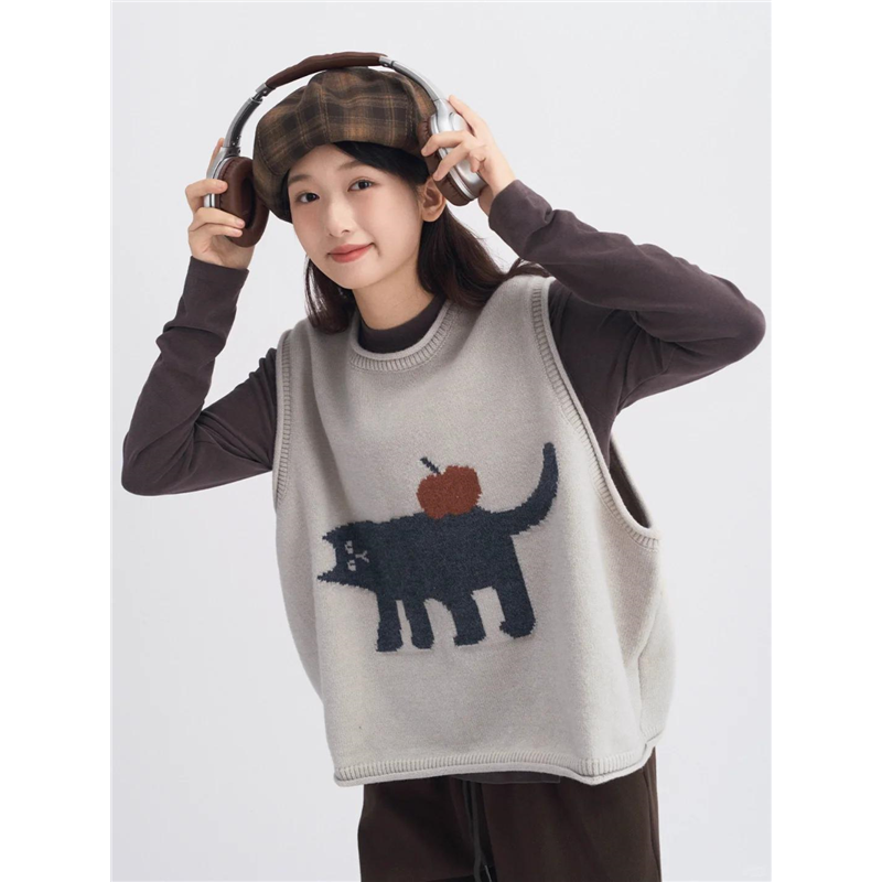 胖MM200斤特大码卡通显瘦无袖女新款韩宽松复古趣味针织套头马甲 - 图0