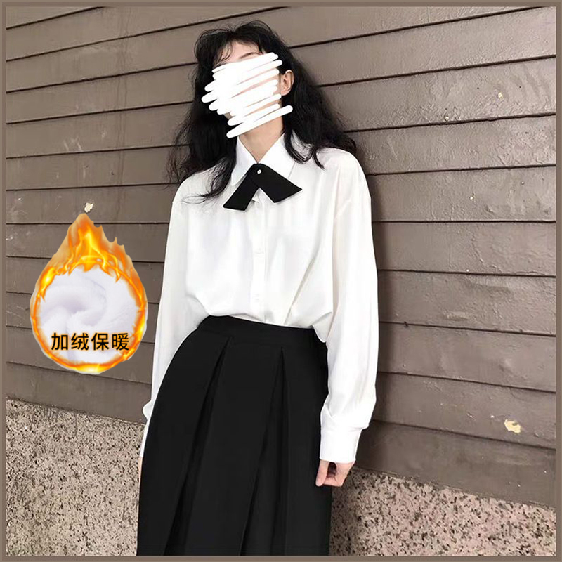 胖MM大码秋冬加绒加厚bf宽松日式学院风蝴蝶结百搭长袖白衬衫女 - 图0