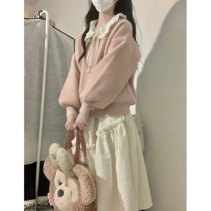 胖MM大码美拉德穿搭软糯毛衣开衫娃娃领连衣裙甜美秋冬两件套装女,淘宝优惠券,粉丝福利购,淘宝优惠卷