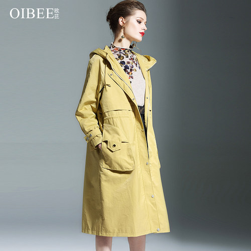 OIBEE2023女中长款春季新款风衣时尚连帽过膝休闲长风衣外套 - 图1