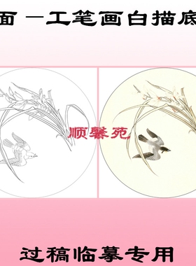 N78花鸟团扇圆形扇面工笔画白描底稿梅花秋叶螗螂翠鸟竹子兰花