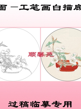 N57圆形花鸟扇面工笔画白描线描底稿水仙竹子鹦鹉梅花梨花斑鸠