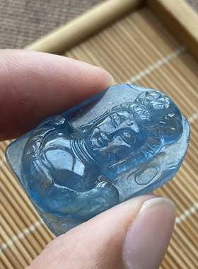 新款天然海蓝宝观音吊坠 魔鬼蓝色男女水晶挂件项链精致双面雕刻