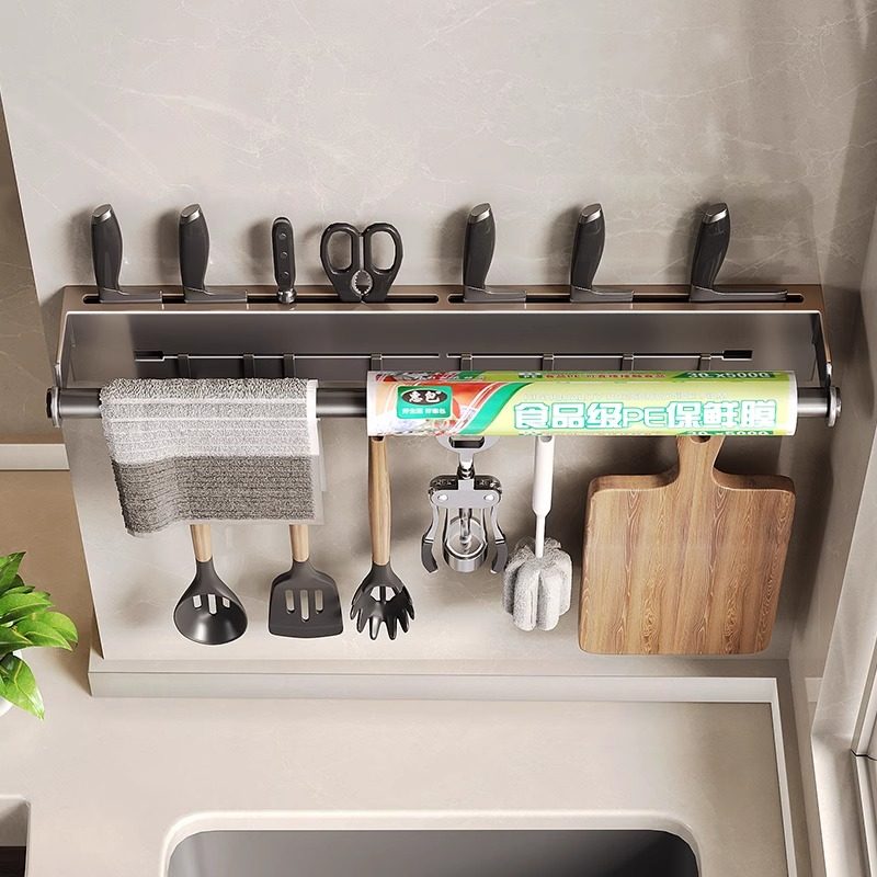 不锈钢厨房多功能刀架置物架壁挂保鲜膜勺子铲子挂钩刀具锅铲收纳,淘宝优惠券,粉丝福利购,淘宝优惠卷