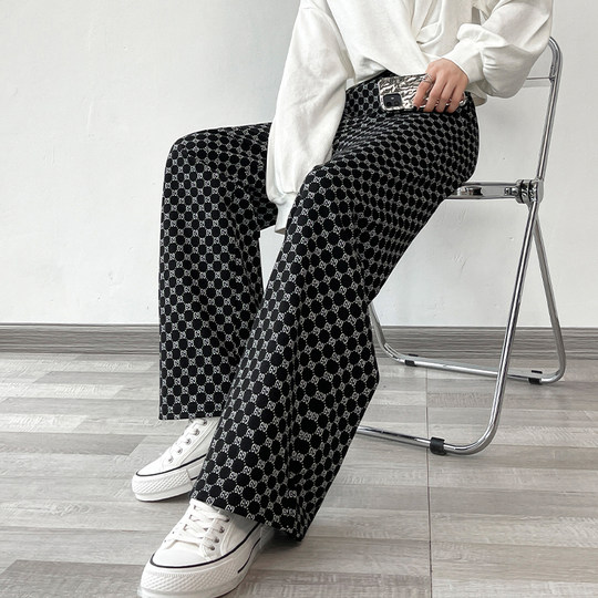 印花阔腿裤子女士秋冬季2024新款高腰口袋宽松直筒格子拖地休闲裤