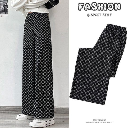 印花阔腿裤子女士秋冬季2024新款高腰口袋宽松直筒格子拖地休闲裤