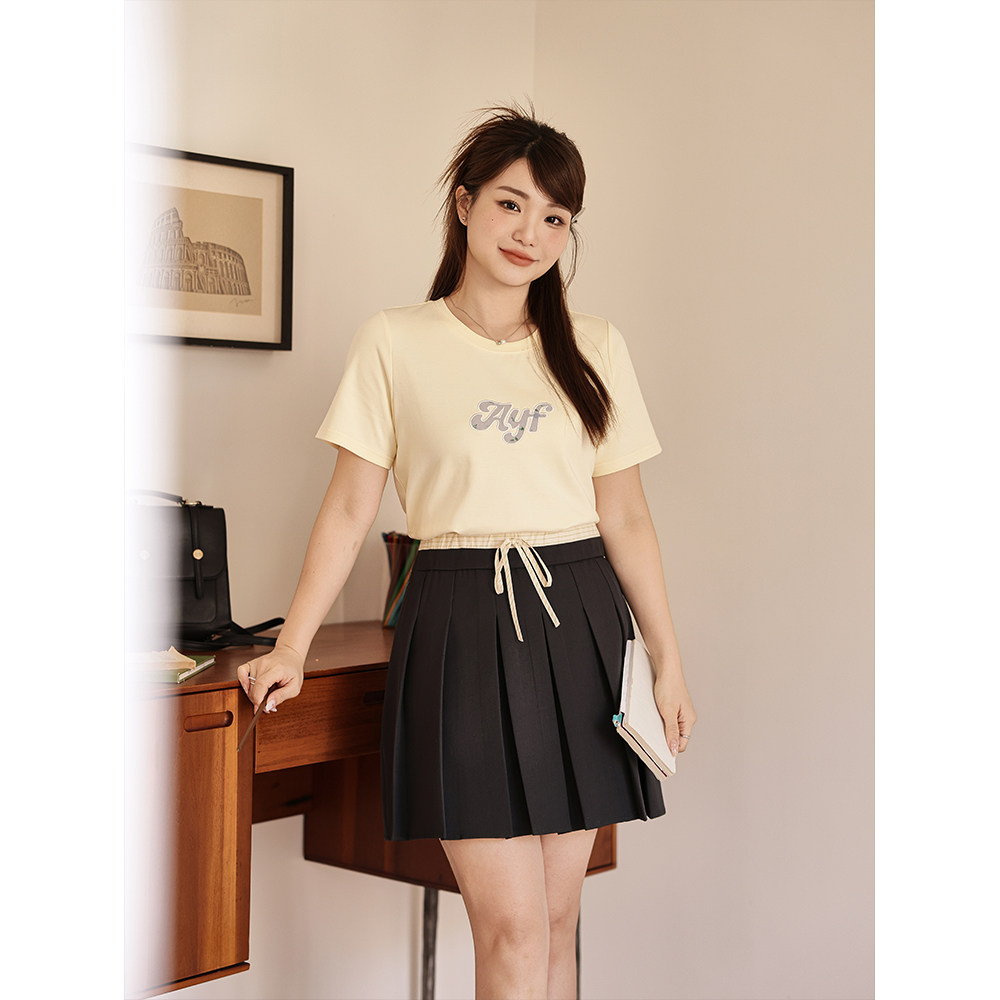 小波家2025秋季胖mm韩版撞色拼接抽绳百搭压褶百褶裙,淘宝优惠券,粉丝福利购,淘宝优惠卷