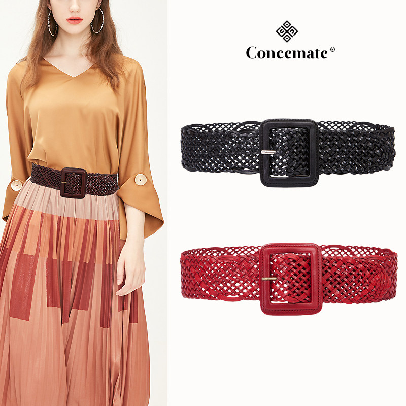 头层牛皮编织女装饰大衣腰封连衣裙 概美腰带/皮带/腰链