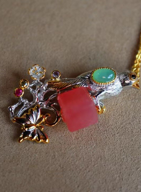 天然红纹石吊坠 意大利工艺 翡翠点缀 s925银镀金分色镶嵌