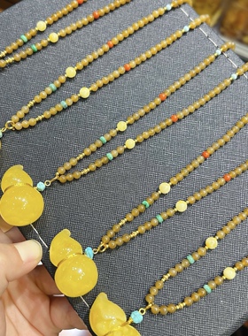 纯天然俄料蜜蜡立体葫芦吊坠项链 纯俄料 色泽黄润浓郁