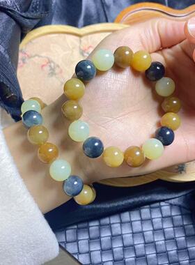 天然和田玉楼兰三色手串 糖玉 青花 浅黄口