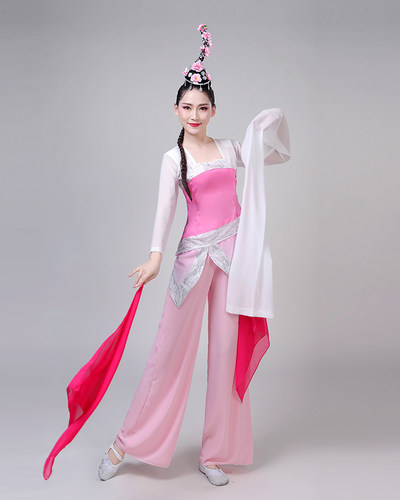 桃夭演出服桃李杯表演服舞台民族舞群舞蹈少儿桃夭古典舞蹈服水袖 - 图1