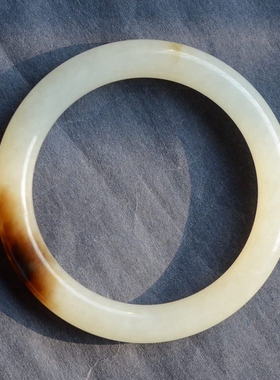 和田玉白玉带焦糖色圆条手镯子纯天然带糖玉镯福镯52545658圈口径