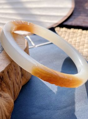 新疆和田玉方条手镯且末糖羊脂白玉雕莲花镯子女款红糖细条玉镯