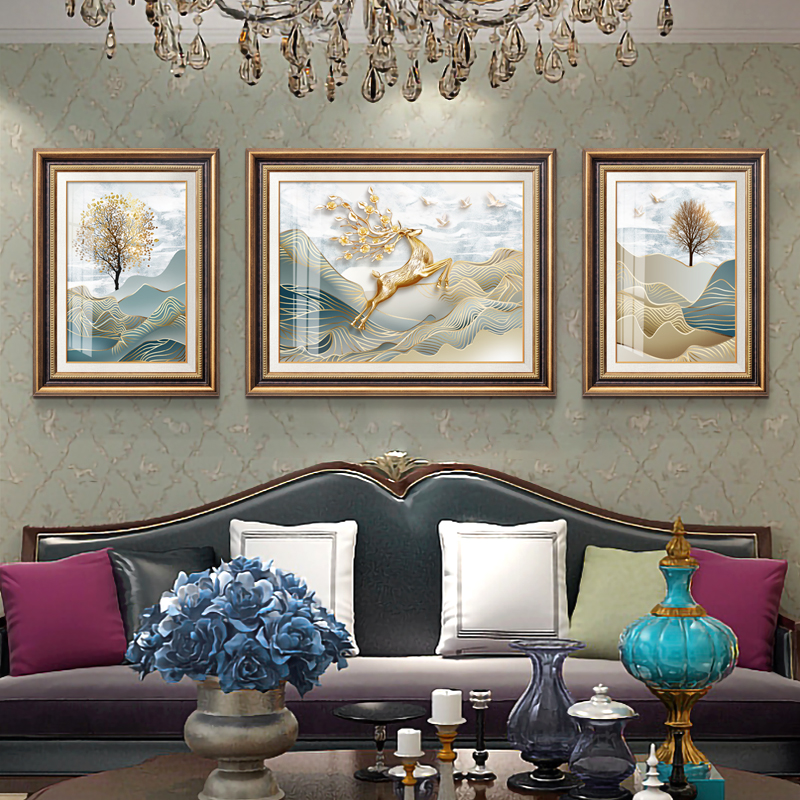 现代欧式客厅装饰画轻奢三联沙发背景墙大气福鹿高升挂画简欧墙画