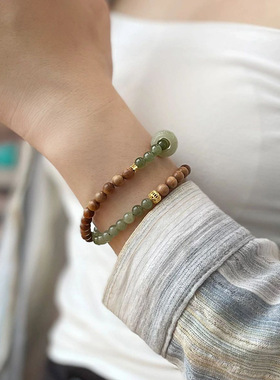 印度老山檀香双圈手串搭配和田玉跑环手链原创女士款文玩念珠佛珠