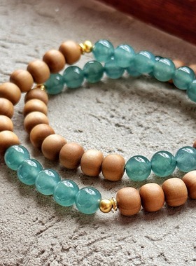 印度老山檀手串搭蓝水翡翠苹果珠念珠双圈手链中国风文玩手链佛珠