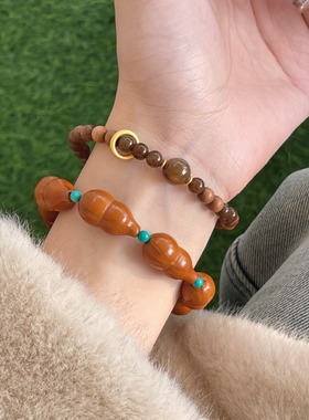 印度老山檀香手串搭配和田糖玉手链单圈念珠跑环老山檀木文玩佛珠