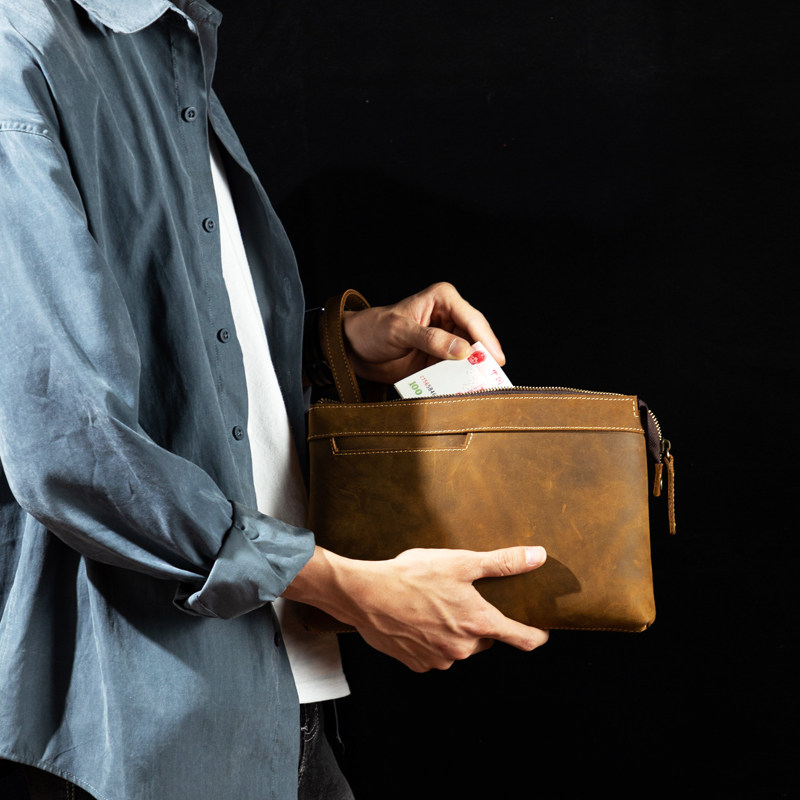 慢时光疯马皮商务手拿包文艺复古头层牛皮男士休闲手包轻便零钱包,淘宝优惠券,粉丝福利购,淘宝优惠卷