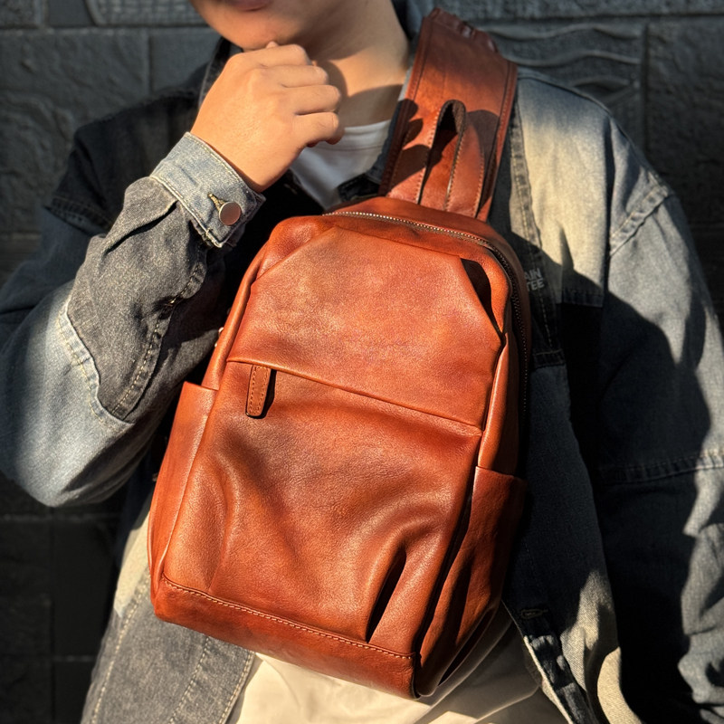 复古手工擦色植鞣牛皮男士胸包大容量休闲多功能小背包单肩斜挎包,淘宝优惠券,粉丝福利购,淘宝优惠卷