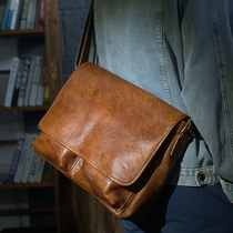 Handcrafted Color Genuine Leather Mens Bag Men Backpack Casual Single Shoulder Baotou Layer Ox Leather Skew Satchel Bag and American Post Difference Bag