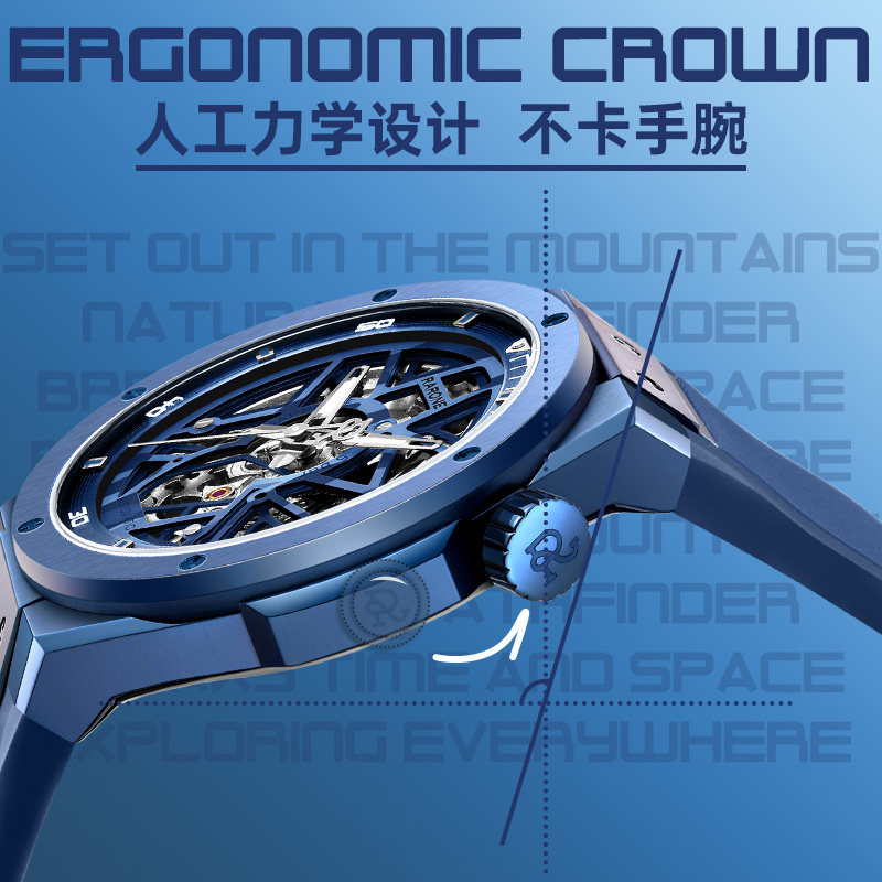 Rarone雷诺异彩双子星全自动机械表男镂空机械表男士国产腕表男款