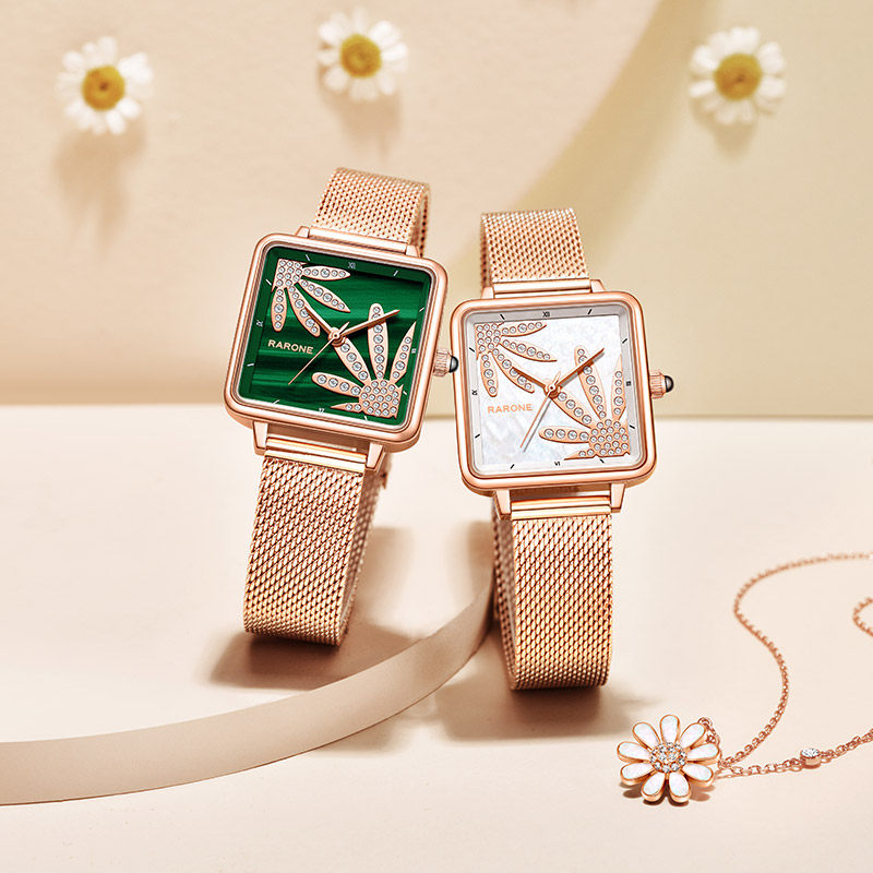 Rarone雷诺小雏菊石英手表女简约百搭气质新款方形女士小众小绿表