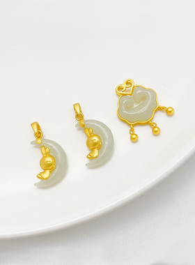 S925银镀金天然和田玉月亮兔吊坠