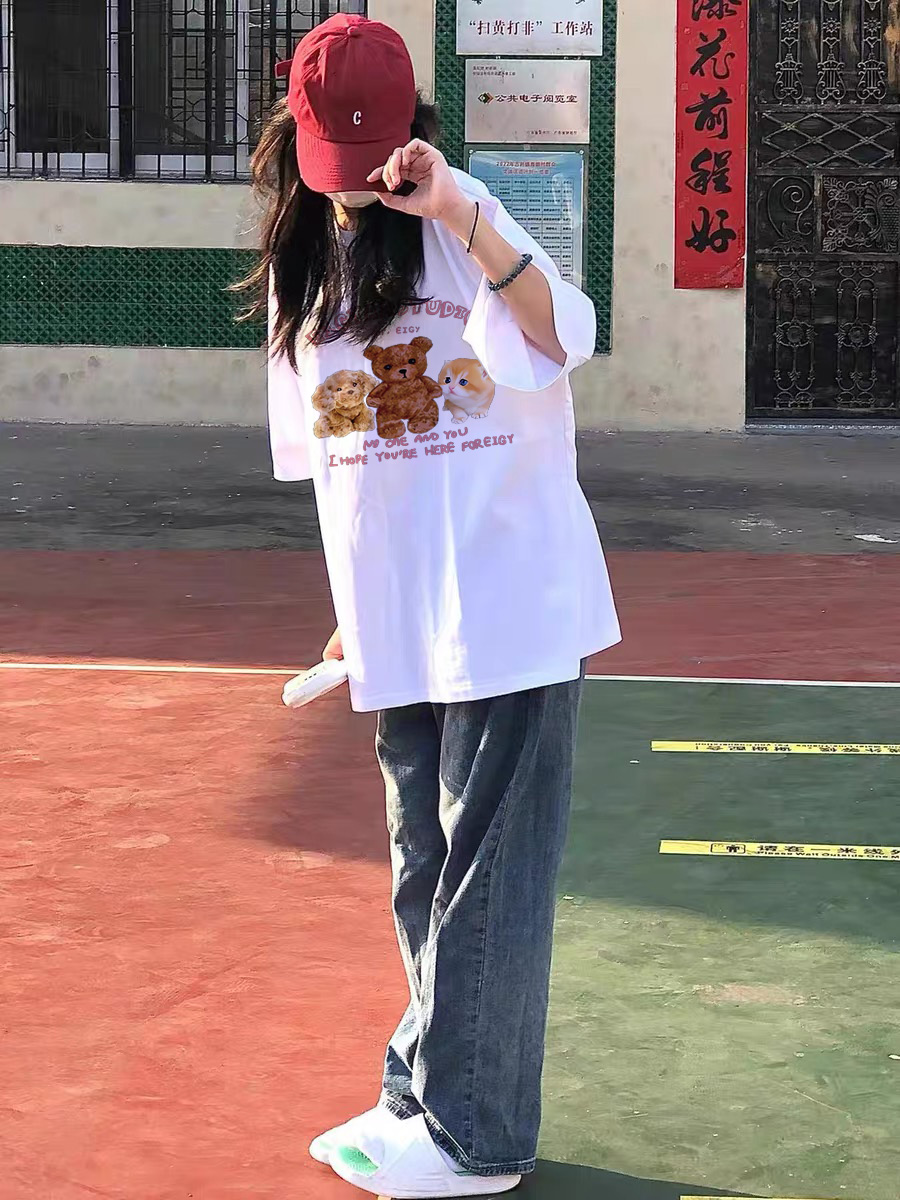 美式潮牌夏季纯棉短袖t恤女2023新款学生宽松hiphop高街短袖上衣_集美family_女装/女士精品-第3张图片-提都小院