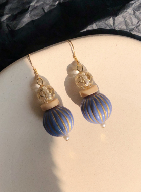 复古新中式蓝色描金耳环女