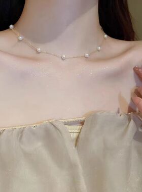 S925满天星锁骨链天然淡水珍珠AK极光近正圆基本无暇5-6mm纯银925