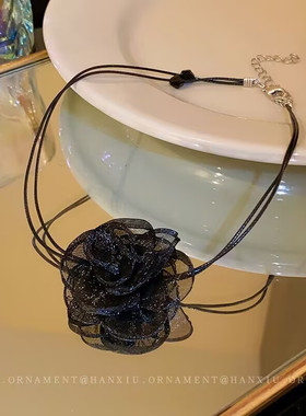 复古名媛风小众设计choker山茶花花朵锁骨链蜡绳项链颈带玫瑰项圈