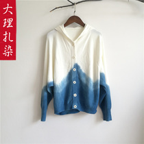Zdyeing Even hat sweater jacket Yunnan Dali Bai ethnic group hand-dyed autumn and winter blue dyeing jacket Long sleeves Lianhood clothes