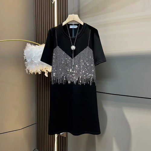 加肥圆领亮钻短袖T恤裙胖妹妹中长款显瘦简约名媛风休闲连衣裙潮 - 图1