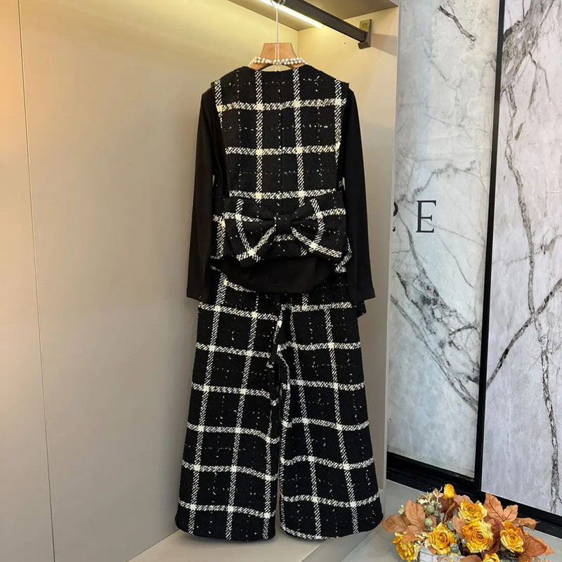 胖妹妹V领格子蝴蝶结马甲高领长袖打底衫阔腿裤气质设计感三件套,淘宝优惠券,粉丝福利购,淘宝优惠卷