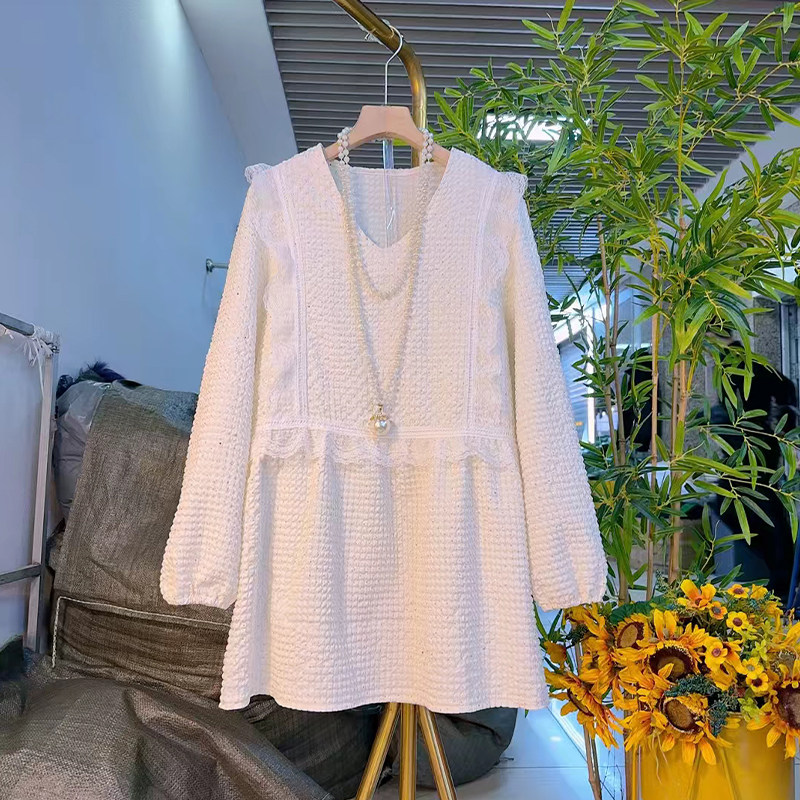 大码女装圆领拼接蕾丝肩收腰满天星连衣裙胖妹妹韩版中长款淑女裙,淘宝优惠券,粉丝福利购,淘宝优惠卷