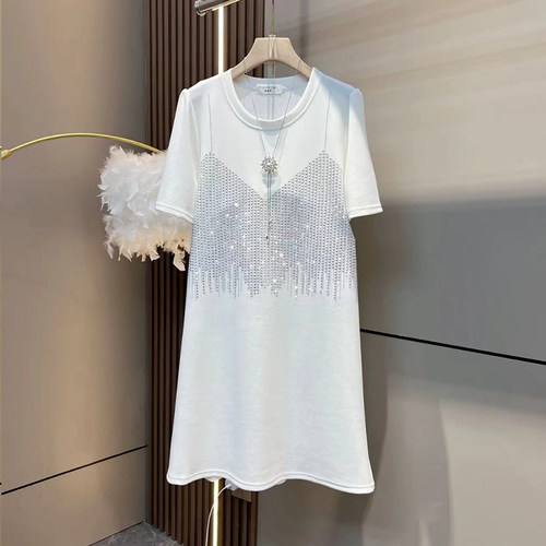 加肥圆领亮钻短袖T恤裙胖妹妹中长款显瘦简约名媛风休闲连衣裙潮 - 图2