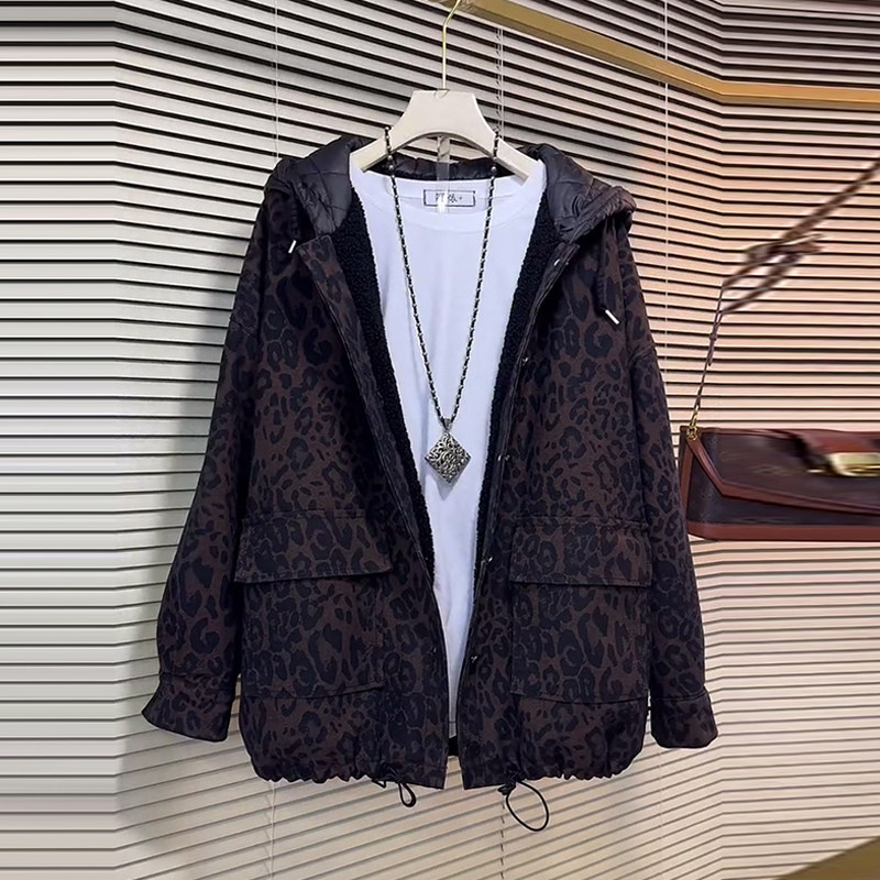大码女装连帽底抽绳豹纹棉服外套加肥2024冬季款胖MM欧货百搭上衣,淘宝优惠券,粉丝福利购,淘宝优惠卷