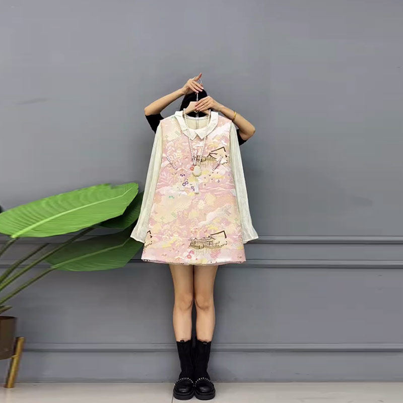 胖妹妹套装斜襟盘扣花纹马甲长袖打底衫加肥大码女装新中式两件套,淘宝优惠券,粉丝福利购,淘宝优惠卷