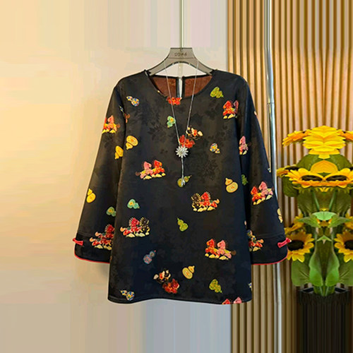 加大码女装圆领七分袖卡通图案小衫胖妹妹显瘦宽松松紧腰黑色裤子 - 图1