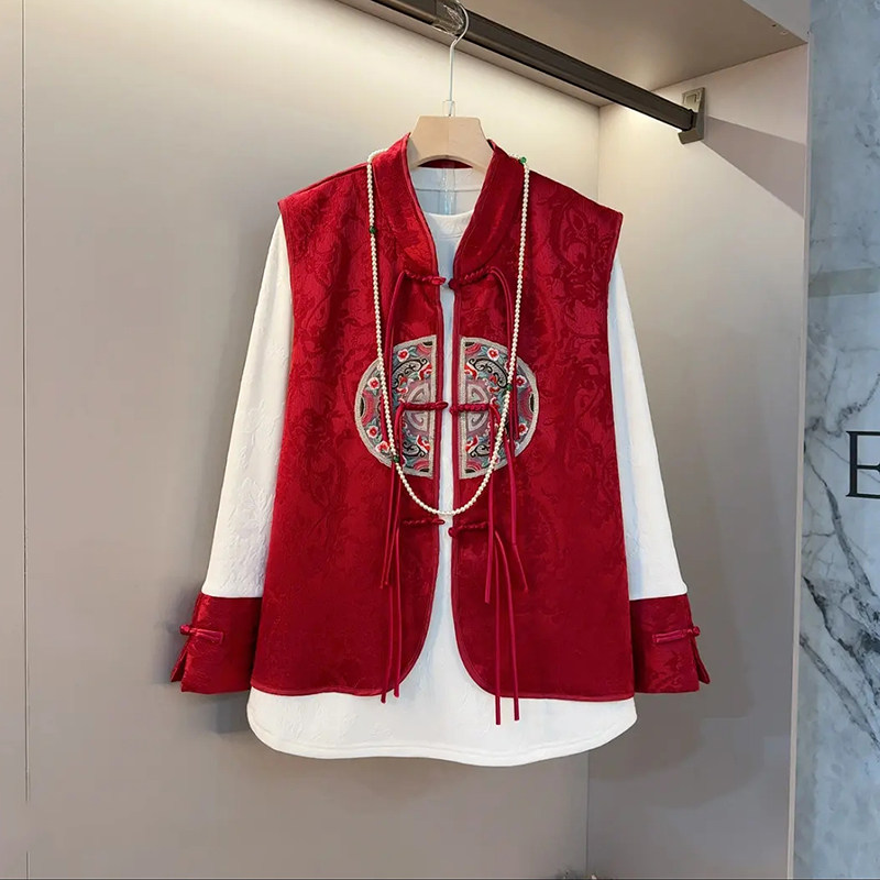 胖妹妹立领流苏盘扣国风马甲拼色袖口暗花小衫大码女装法式两件套,淘宝优惠券,粉丝福利购,淘宝优惠卷