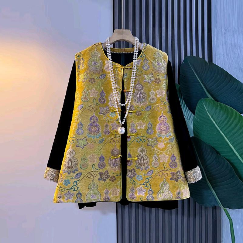 胖MM洋气葫芦花纹盘扣国风马甲加肥大码女装气质显瘦拼色袖口小衫,淘宝优惠券,粉丝福利购,淘宝优惠卷