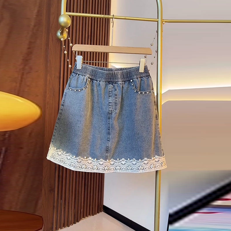 胖妹妹拼接蕾丝底摆松紧腰牛仔裙大码女装夏季款宽松遮胯欧货短裙,淘宝优惠券,粉丝福利购,淘宝优惠卷